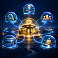 A small business at the center of a glowing authority network, connected to search, customers and a strong local presence.