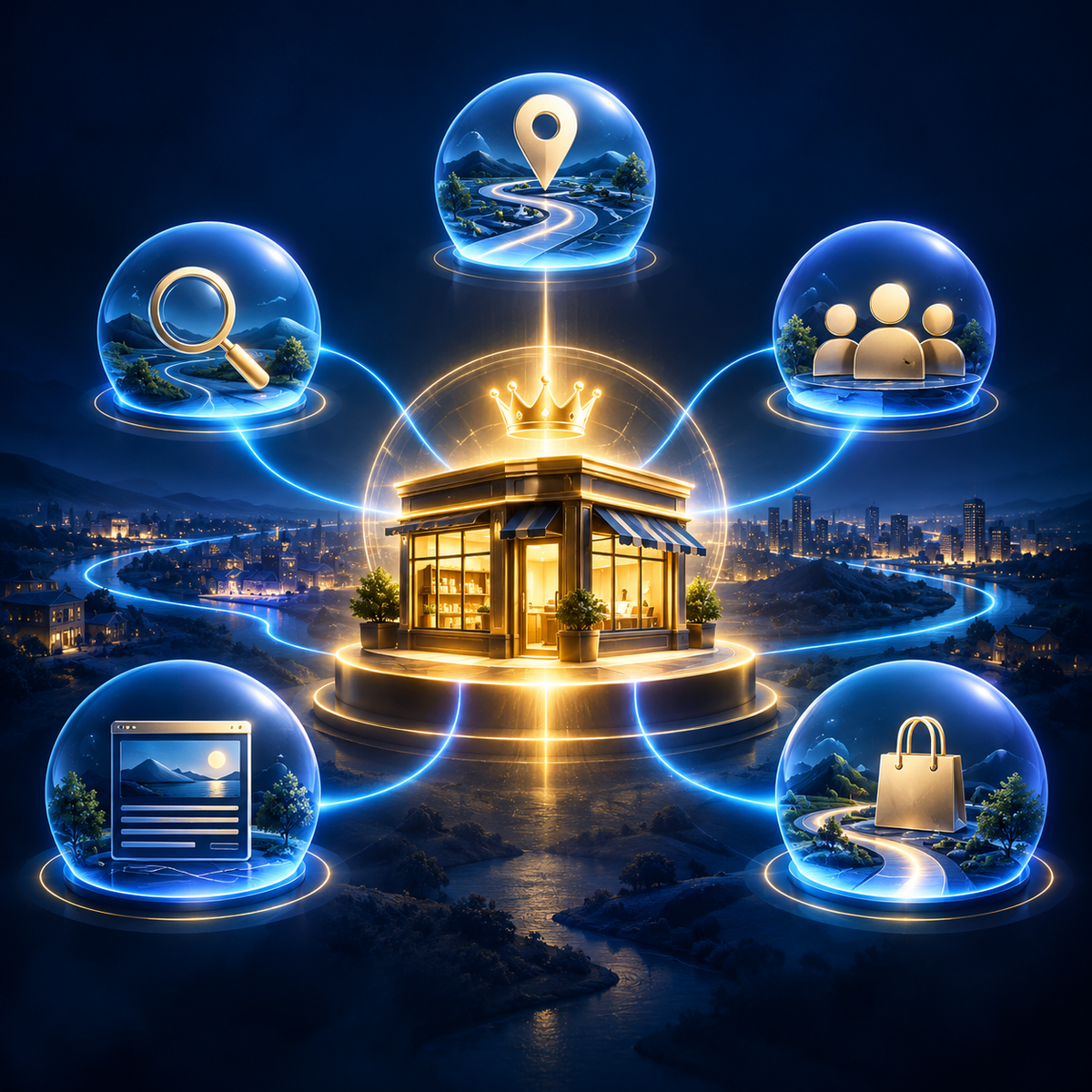 A small business at the center of a glowing authority network, connected to search, customers and a strong local presence.